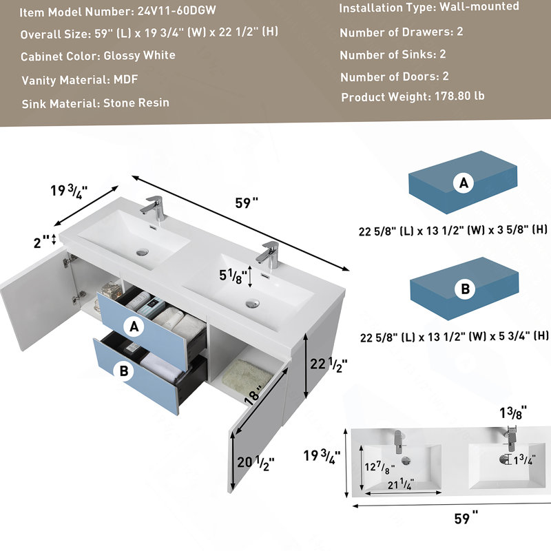 Meuble-lavabo flottant 60 po avec lavabo, meuble-lavabo mural moderne 60 po avec lavabo double en résine et deux tiroirs à fermeture en douceur, blanc brillant 24V11-60DGW