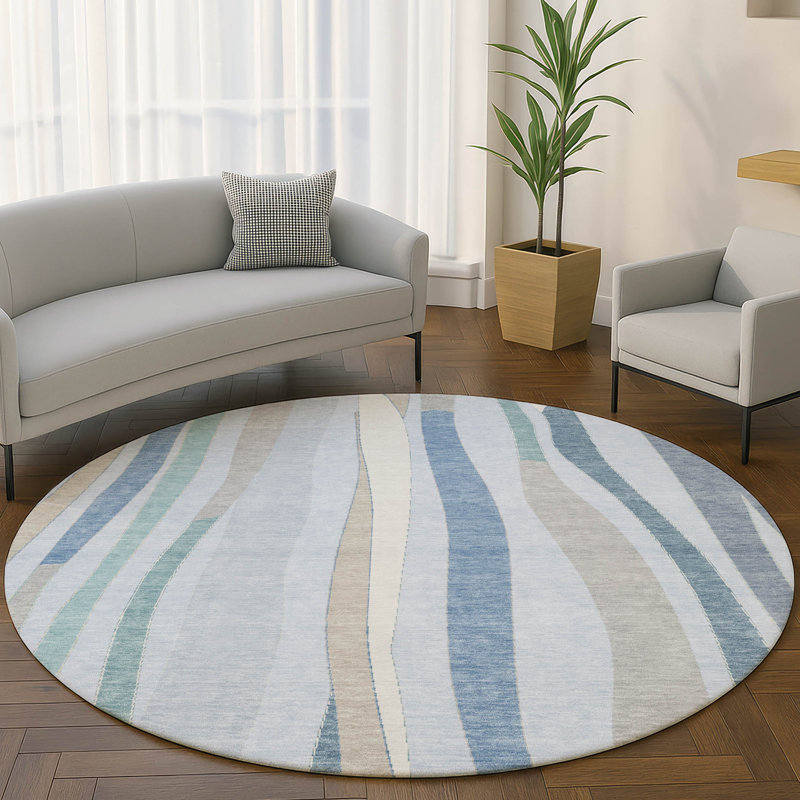 Premium Machine Washable Mayfield AMF2188 Striped Rug, Sky, 8' Round