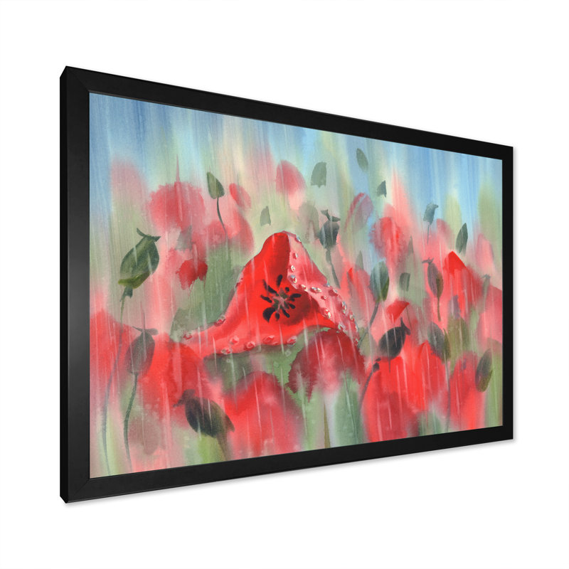 Coquelicots rouges sous la pluie - reproduction sur toile, Cadre d'angle fermé noir, H 8 po x l 12 po x P 1 po