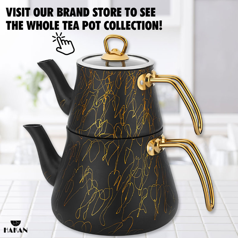 Hakan Black and Gold Granite Teapot Set with Stainless Steel Handle