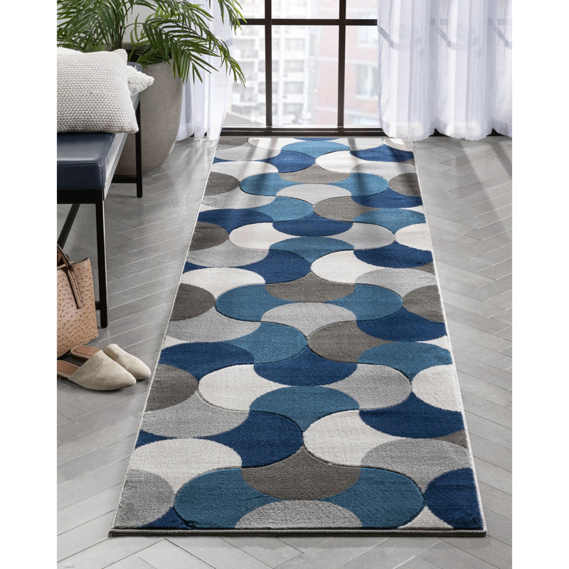 Tapis géométrique rectangulaire bleu en polypropylène tressé à la machine, Tapis de couloir 2 pi 7 po x 9 pi 10 po