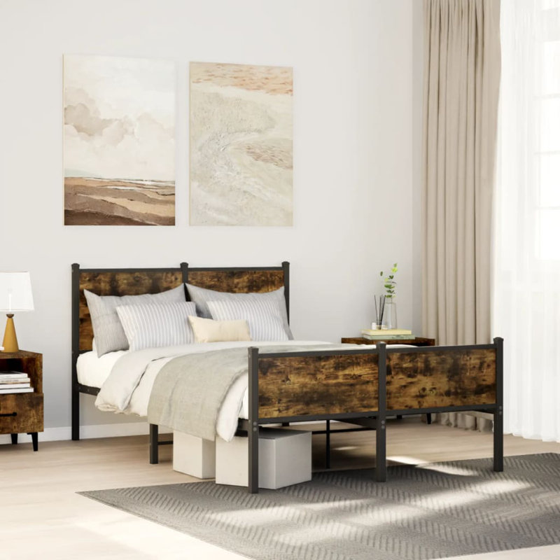 Vidaxl Metal Bed Frame Without Mattress , Brown Oak,  91.5cm H x 125cm W x 196cm L