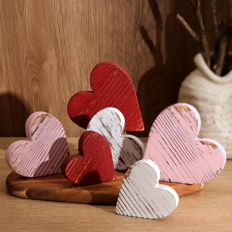 6 pièces de décorations de table en forme de cœur en bois vieilli rustique rouge rose blanc