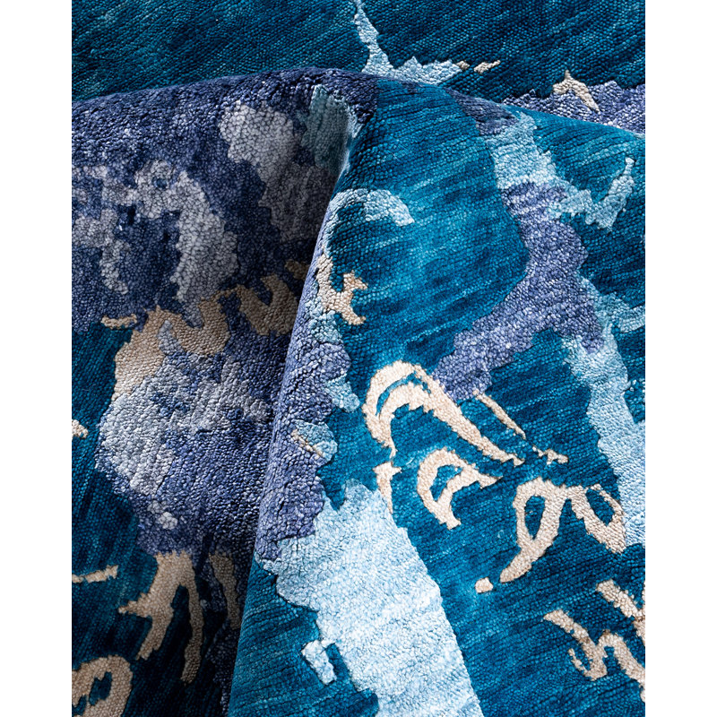 Tapis moderne noué à la main de conception unique - bleu, 9 pi 1 po x 12 pi 2 po Modern