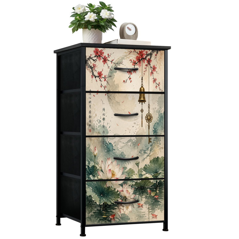 Commode à 4 tiroirs avec rangement vertical Lotus Pond et fleurs de cerisier en forme de cloche dorée
