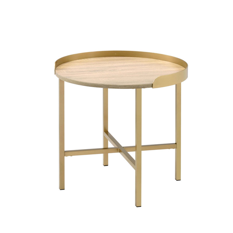 Table de bout ronde Modern Aesthetic avec finition dorée et base en métal à barre transversale pour les salons élégants