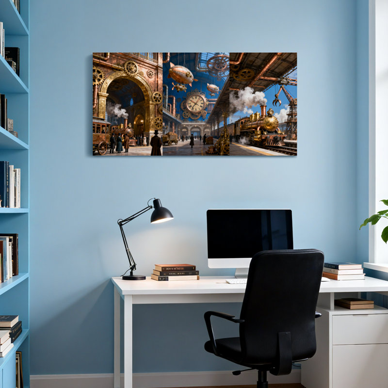 Fantaisie et science-fiction station Steampunk avec horloges et dirigeables, H 28 po x l 58 po