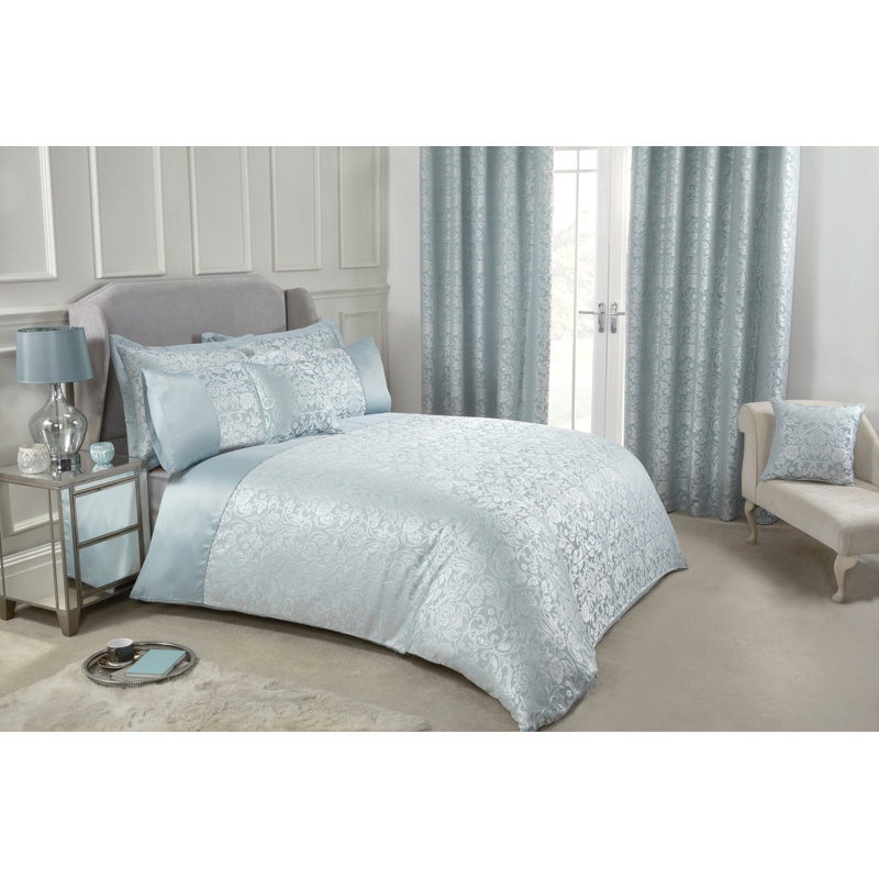 Eden Satin Floral Duvet Cover with Pillowcases Included, Duck Egg, King