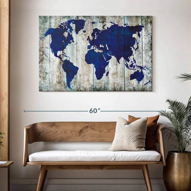 Carte du monde bleu Aliaz sur bois, H 32 po x l 48 po
