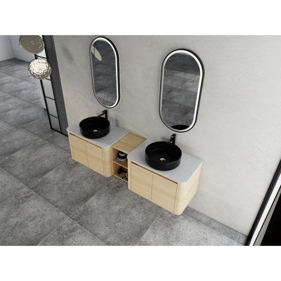 Meuble-lavabo mural 72 po avec lavabo d'art en céramique et 1 tablette de rangement, 4 portes à fermeture douce, emballage KD, contreplaqué