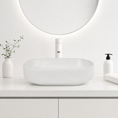 Gloss White Vitreous Ceramic Oval Above-Counter Vessel Sink, Thin Edge, Built-In Overflow, No Faucet Hole, Curved Fast-Drain Basin for Bathrooms