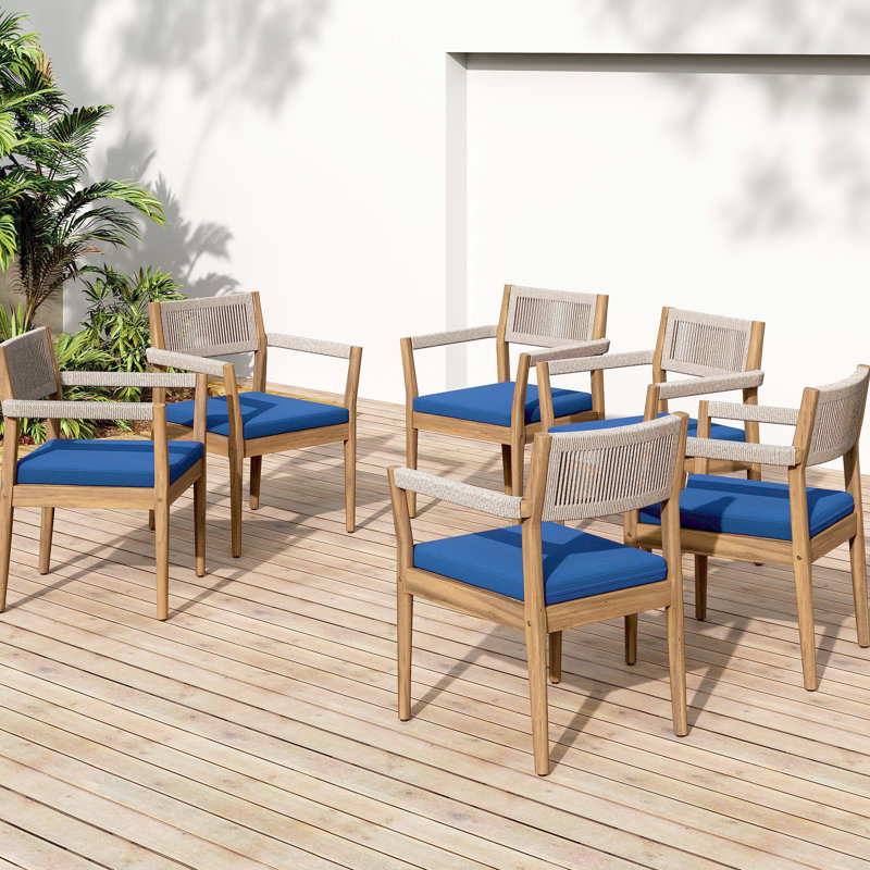 All-Weather Braided Wood Patio Chairs Of 6 With Beige Rope And Navy Cushions For Garden Parties Comfortable, 6