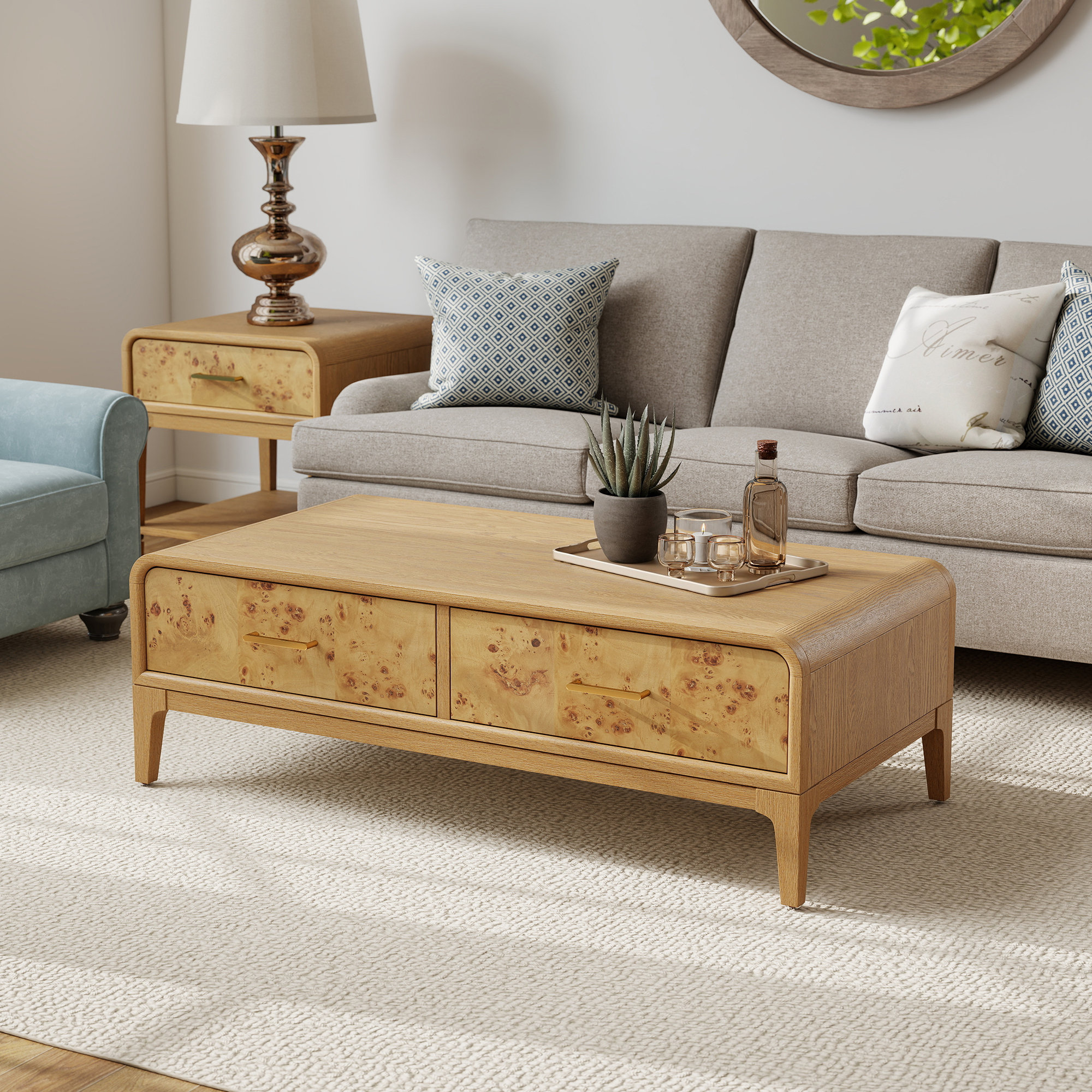 Adden Burl Wood Storage Coffee Table, Oak