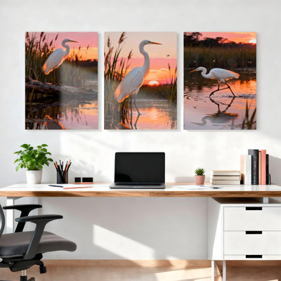 «Great Blue Heron at Sunset», ensemble de 3 reproductions d'art sur toile tendues