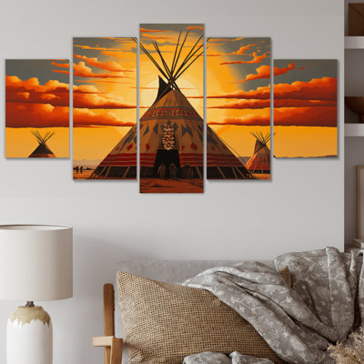 Native Tipi Orange Collage II - Native American Wall Art Print - 5 Panels