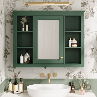 Armoire à pharmacie de 35 po x 27,5 po, armoire de rangement murale pour salle de bain, armoire de salle de bain moderne avec miroir, armoire à miroir avec 6 tablettes ouvertes (meuble-lavabo non inclus)