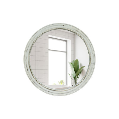 Round Distressed White Wood Beaded Wall Mirror, 23.62" Farmhouse Vintage Accent Mirror for Bathroom, Bedroom, Entryway, Decorative Mirror