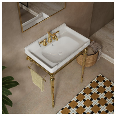 Console de lavabo murale VICI de 28 po avec pieds en acier inoxydable et porte-serviettes, lavabo en céramique blanche avec support de finition dorée, 3 trous de robinetterie
