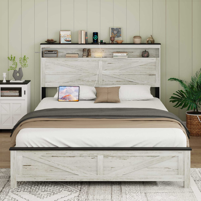 Judd Metal Platform Bed with Wooden Headboard, USB Charging & Storage, Full