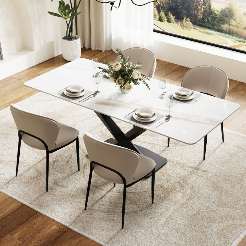 Modern 63" White Marble Dining Table Set With 4 Upholstered Chairs, Faux Leather Dining Chairs With Stainless Steel Legs, Rectangular Kitchen Table And Chair Set For Dining Room