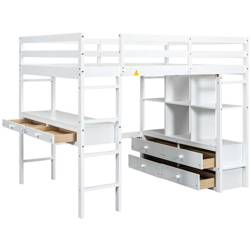 Lit mezzanine double avec bureau et rangement, blanc - Optimisez votre espace de vie Tiroirs, armoires et tablettes