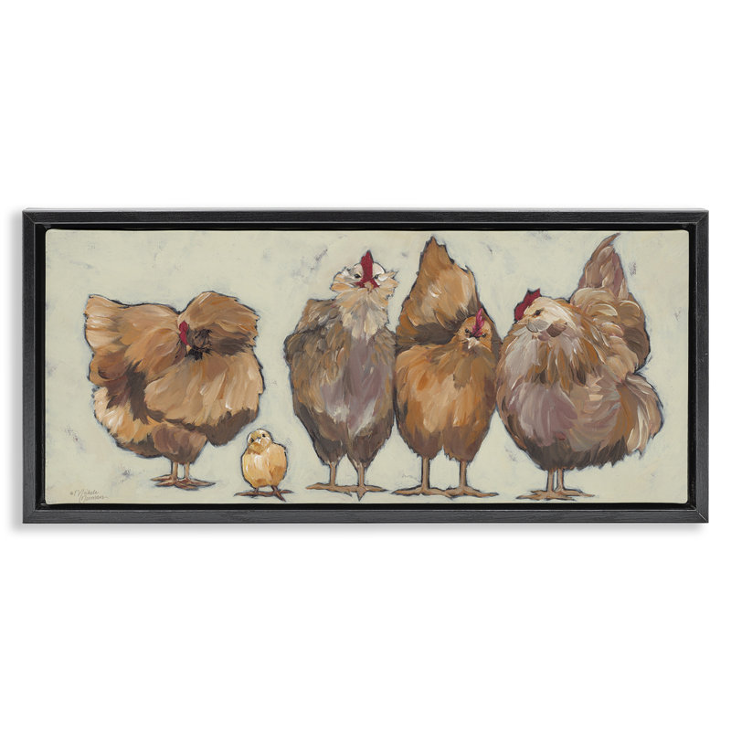"Brown Hens and Chick", art mural encadré flottant par Michele Norman, Cadre flottant noir de jais, H 11 po x l 25 po