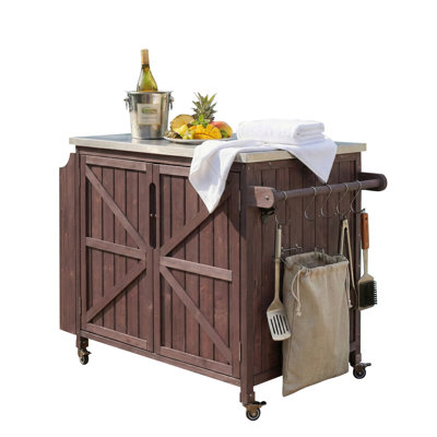 Outdoor Kitchen Island with Side Shelf, Outdoor Grill Cart with Storage Cabinet, Outdoor Kitchen Cabinet with Stainless Steel Top,  Adjustable Shelf and 4  Wheels for Pizza Prep