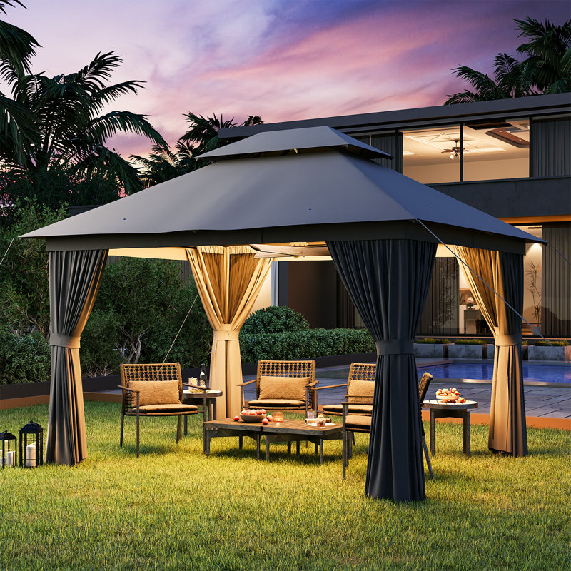 Jolydale  Outdoor Soft Top Gazebo with Double Roof, Canopy Gazebo with Mosquito Netting and Curtains, Suitable for Patios, Lawn and Backyard