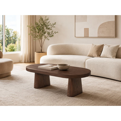 Table basse ovale avec plateau en grain de bois épais et piédestal sculptural