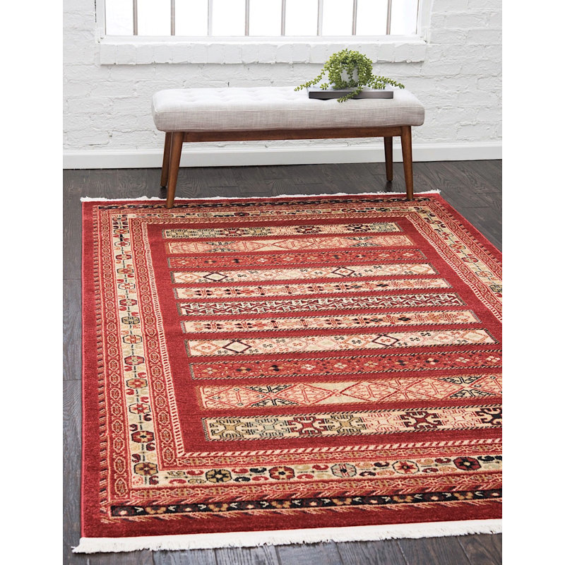 Tapis décoratif géométrique rouge profond Frederik, Rectangle 5 pi x 8 pi