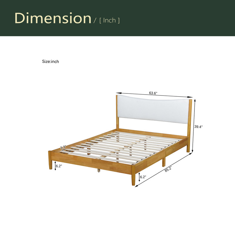 Grand lit en bois d'hévéa massif avec tête de lit tapissier Boucle, rehaussé de pieds de soutien