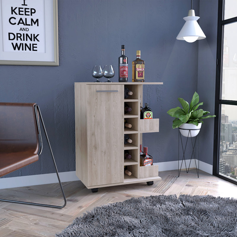 Chariot-bar, quatre roulettes, armoire à une porte, deux tablettes extérieures