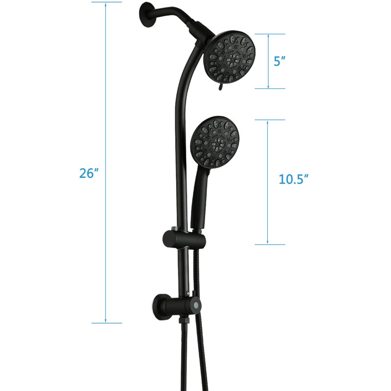5 Inch Rain Shower & 7-Spray Handheld , 26" Adjustable Slide Bar, 1.8Gpm Dual Flow, Approved, Installation, Black Finish, Stainless Steel 7 Function Spray Modes For A Pleasant With Flow , Ideal