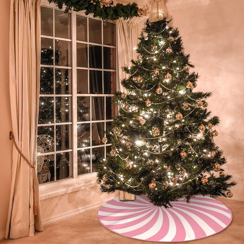 Jupe de sapin de Noël rose bonbon, cache-pied de sapin en tissu brossé pastel à motif de canne de Noël, décoration de Noël mignonne