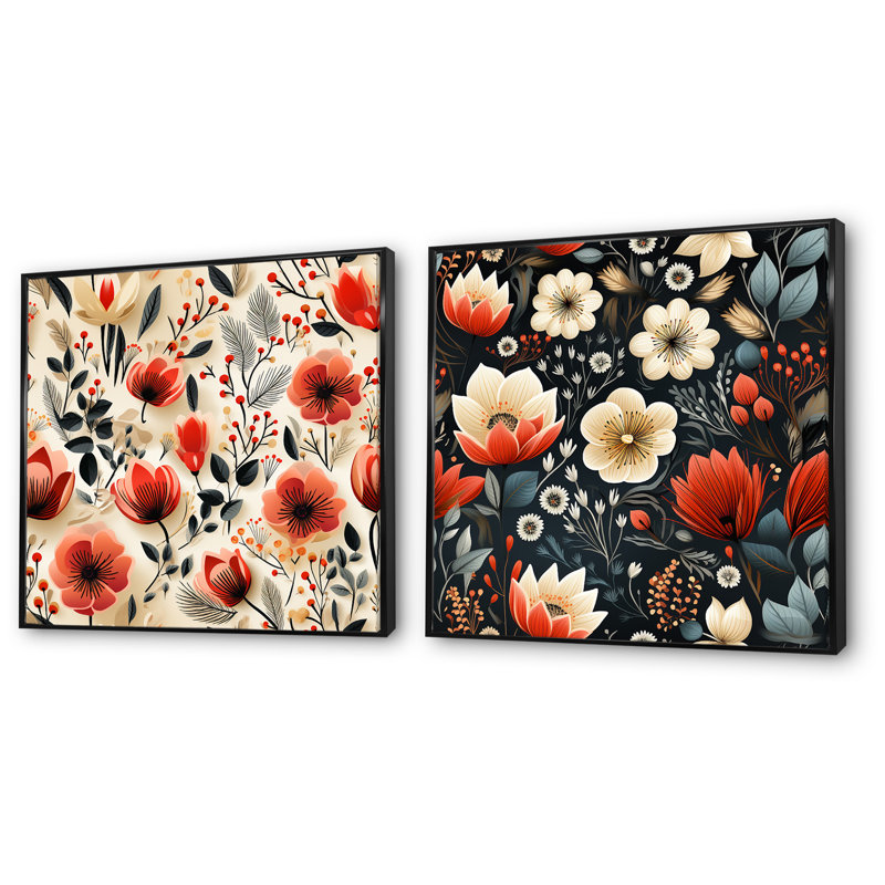 Emy - Ensemble de salon floral 2 pièces, Cadre noir, H 36 po x l 73 po x P 1,5 po