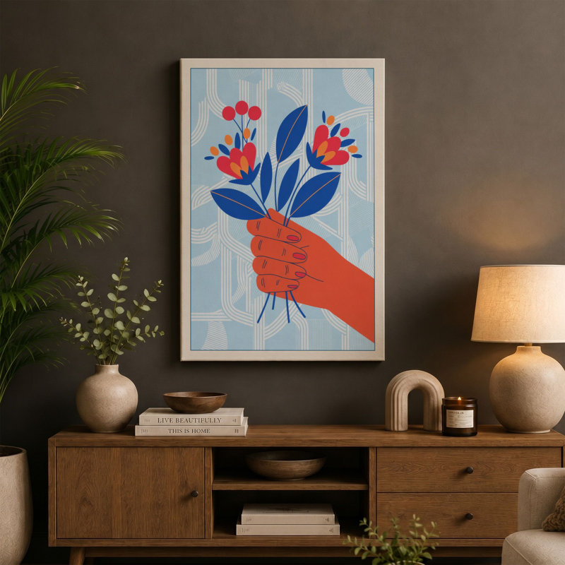 Hand Holding Blooms Modern 1 Piece Wrapped Canvas Wall Art, 18x12 - 45.7 x 30.5 cm, Terracotta Border