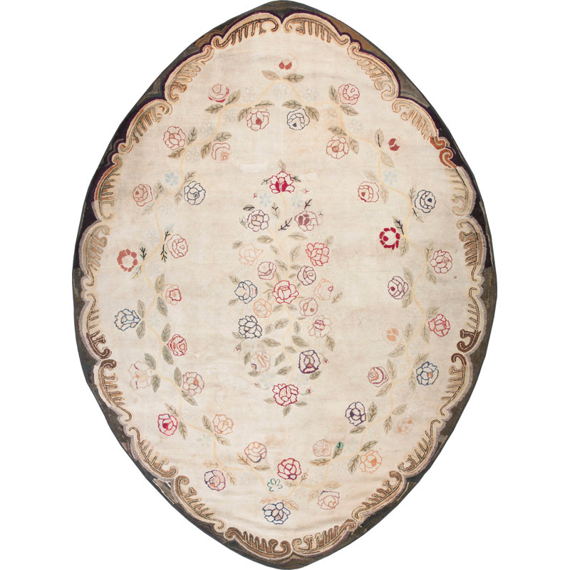 Antique Floral Medallion Wool Hand Knotted Pile Ivory Beige Cream White 1880s Rug