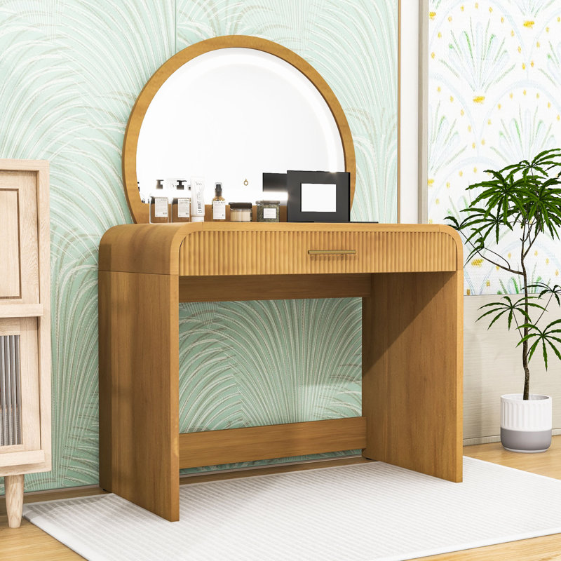 Makeup Vanity Table with Touchscreen Lighted Mirror and Drawer for Bedroom, Natural