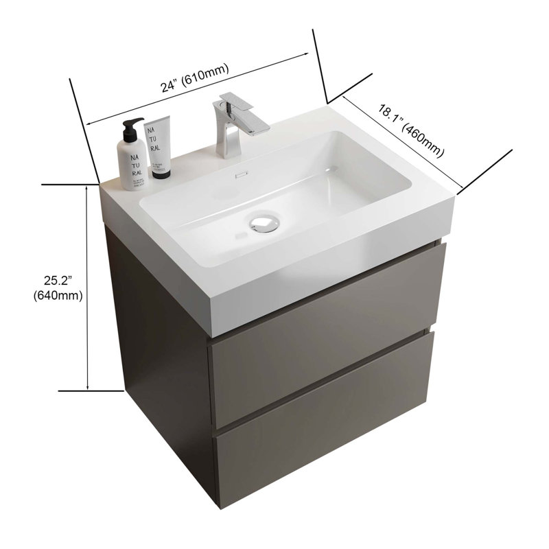 Meuble-lavabo mural moderne avec lavabo une pièce sans drain ni robinet, Blanc, Gris