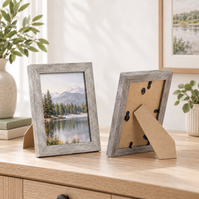 Cadre photo en bois gris de 16,8 cm (6,6 po), compatible avec les photos de 12,7 x 17,8 cm (5 x 7 po), à accrocher au mur ou à poser sur une table - Paquet de 2
