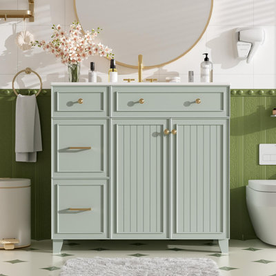 Meuble-lavabo de 36 po avec lavabo en céramique, tiroirs standard et double couche, portes à fermeture en douceur, tablettes réglables, armoire de rangement moderne pour petites et moyennes salles de bain