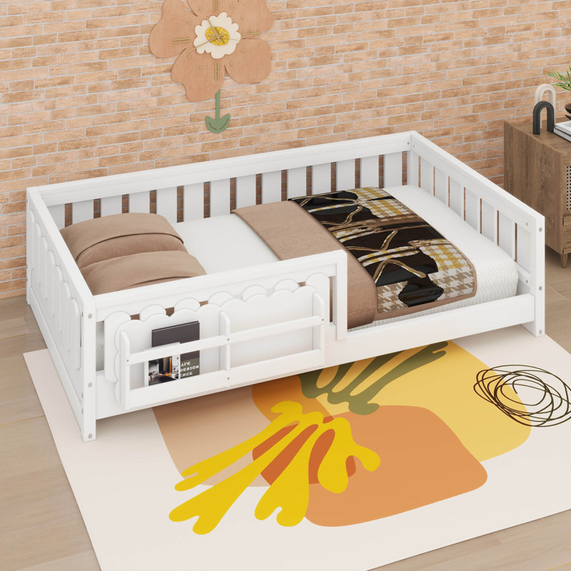 Lit avec étagères de rangement, cadre de lit plateforme en bois avec garde-corps de sécurité, Lit simple, Blanc