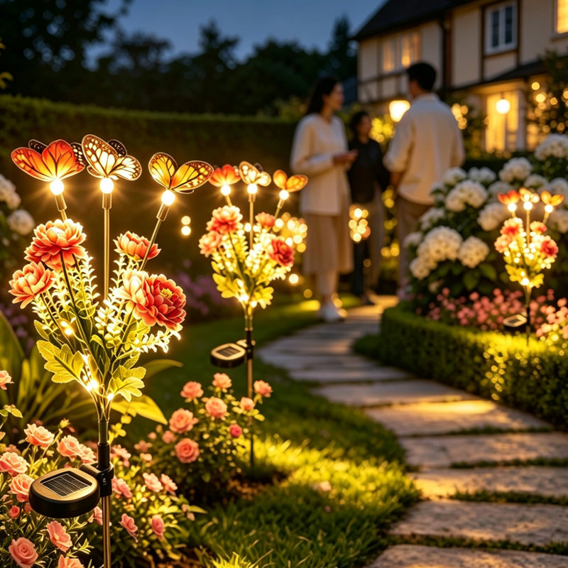 Ensemble de 2 lampes solaires oscillantes pour jardin, 7 têtes en forme de lotus violet enneigé et 3 décorations papillon colorées, lumière chaude, étanche IP65, autonomie de 10 à 12 heures, idéales pour les mariages, les fêtes et les cadeaux.