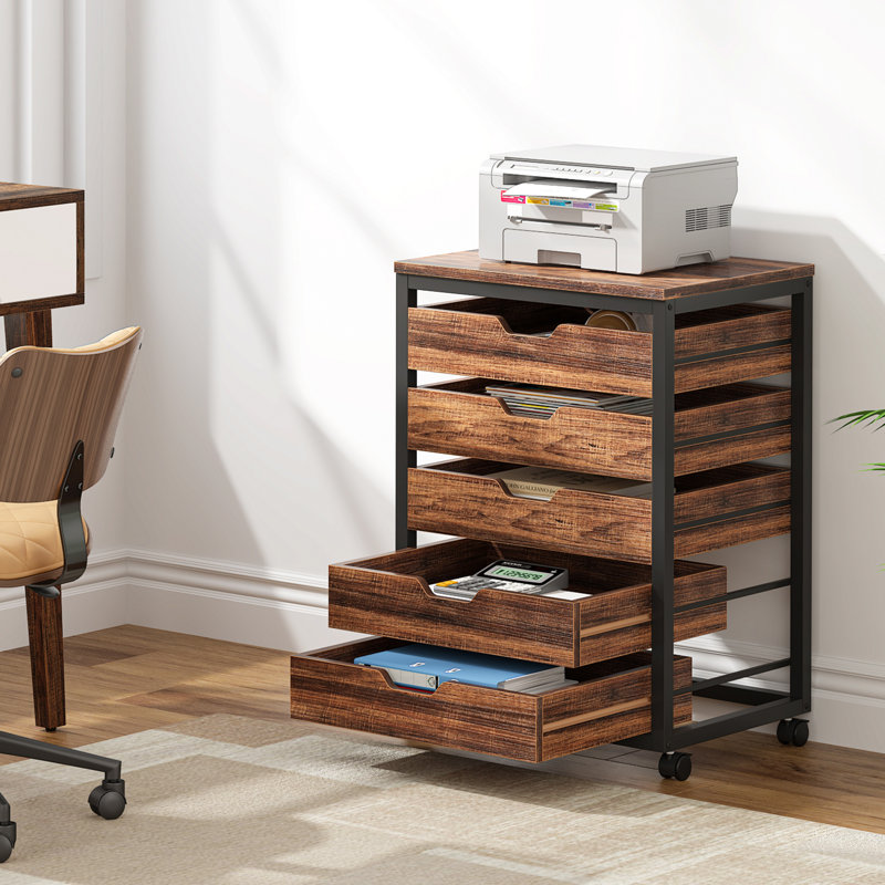 5-Drawer Wood File Cabinet, Brown/Black