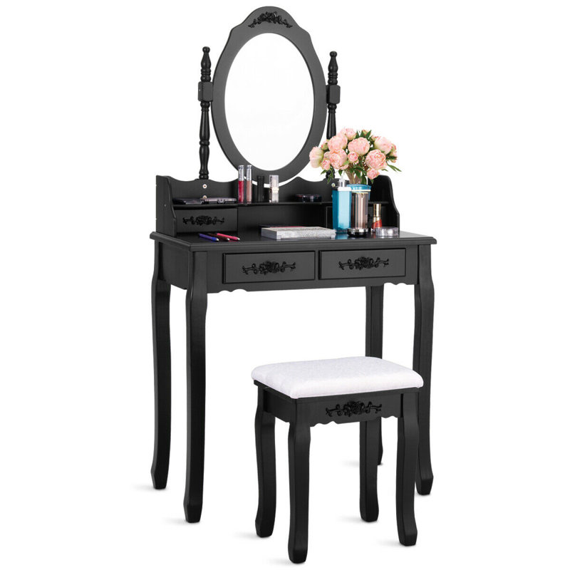 Ensemble coiffeuse avec tabouret et miroir Geoffrey, Noir