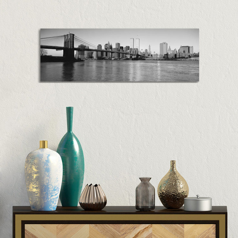 New York Panoramic Skyline Cityscape (Black & White - Evening) - Wrapped Canvas Panoramic Print