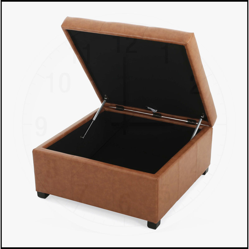 CARLSBAD Faux Leather Tufted Storage Ottoman with Elegant Waffle Stitch and Birch Wood Legs, Cognac Brown