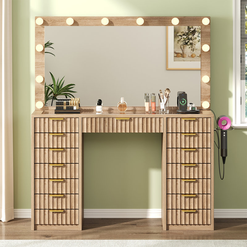 15 Drawers Fluted Vanity Desk With Glass Top, 47" Makeup Vanity With Large Mirror And 12 Led Lights, Dressing Table With Power Outlet For Bedroom, Natural