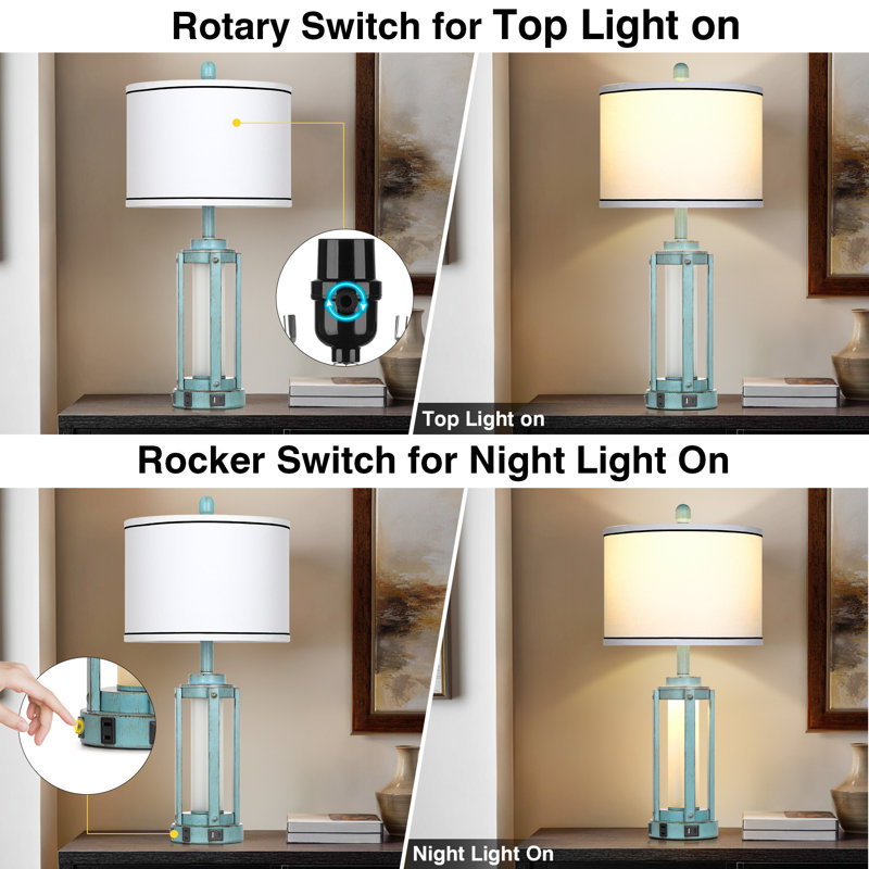 Tatyanna 25.5" Modern USB Table Lamp Set with Night Light, Built-in Outlet, Distressed Blue