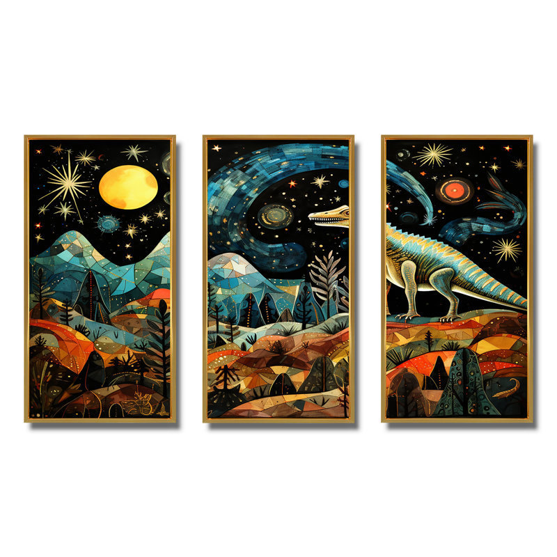 Ancienne légende des dinosaures I - art mural dinosaure, Cadre flottant doré, H 40 po x l 60 po